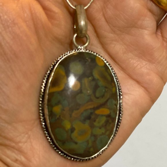Natural Large Green Brownish Rainforest Jasper Pendant Men/Women March Stone. - Picture 1 of 5
